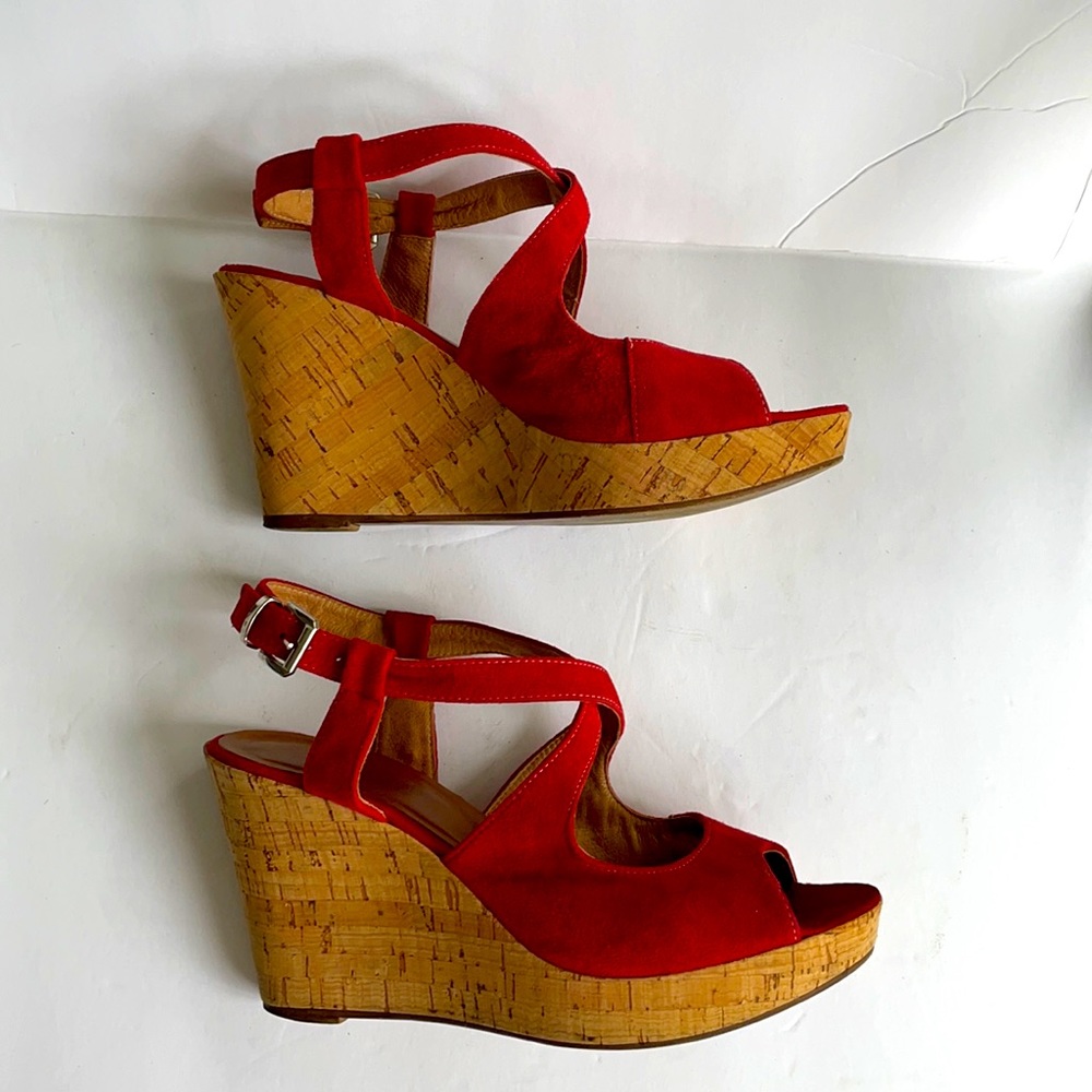 pair of red suede and cork sandals -Barney’s -made in Italy